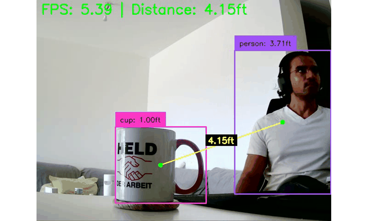 Original depth-estimation demo showing object detections and estimated distances; displayed values are demo output, not an accuracy benchmark